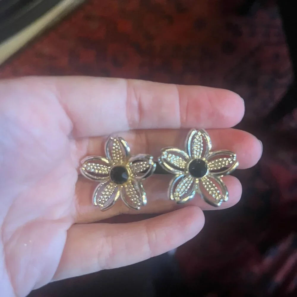 Vintage Silver Tone Daisy Brooch and Clip on Earring Set with Black Rhinestone